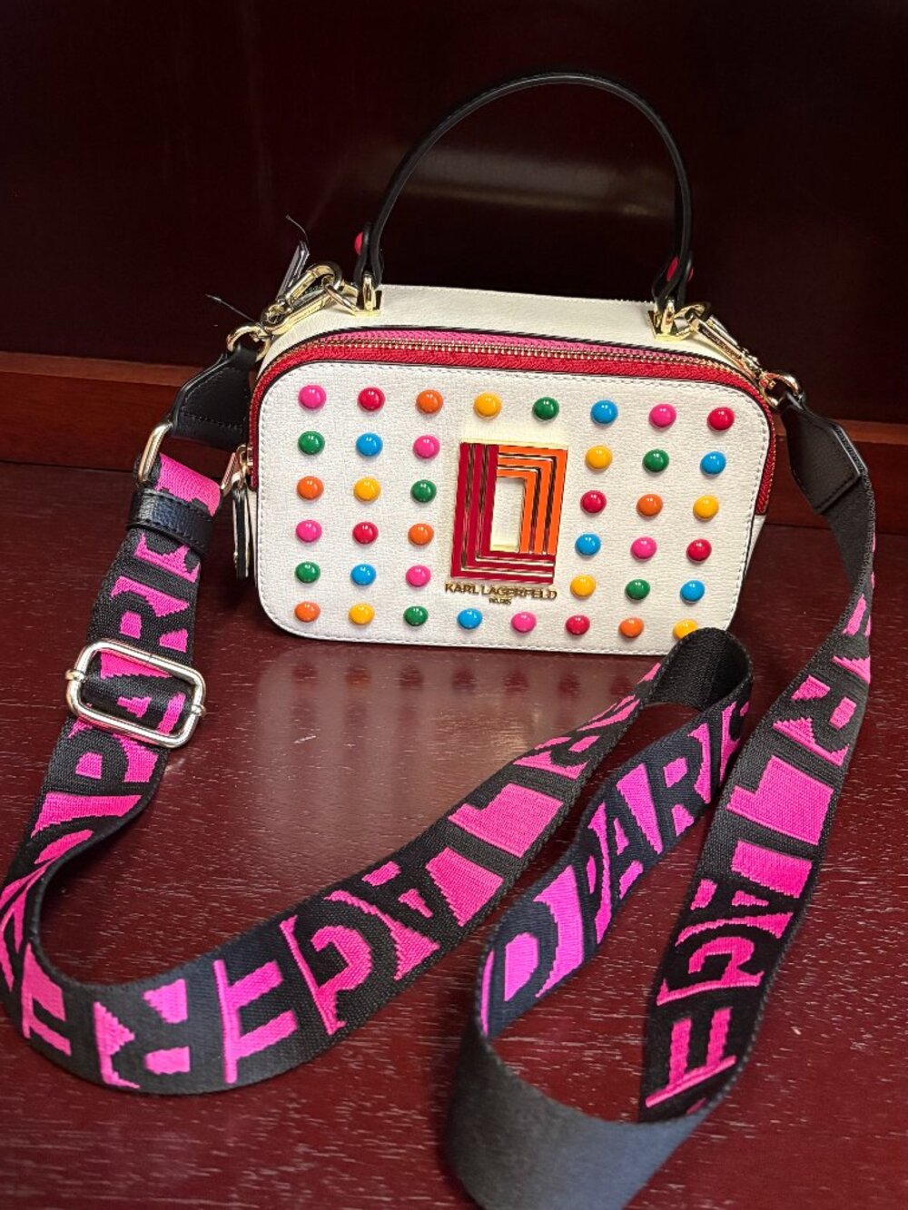 Karl Lagerfeld Studded Camera Crossbody – White Multi – NWT
